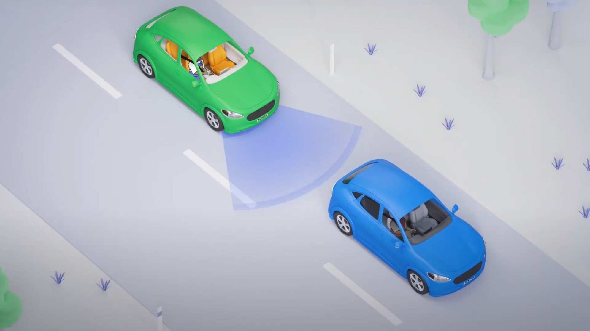 Animated green cars showing a safe following distance